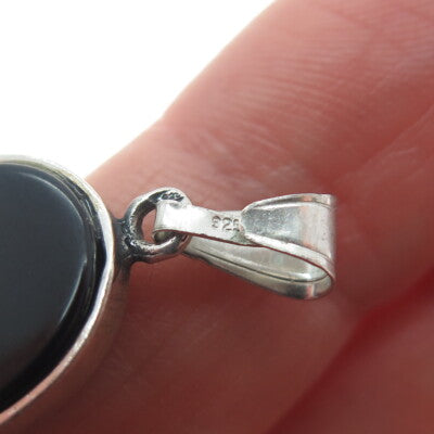 925 Sterling Silver Vintage Real Black Onyx Gem Cross Oval Minimalist Pendant