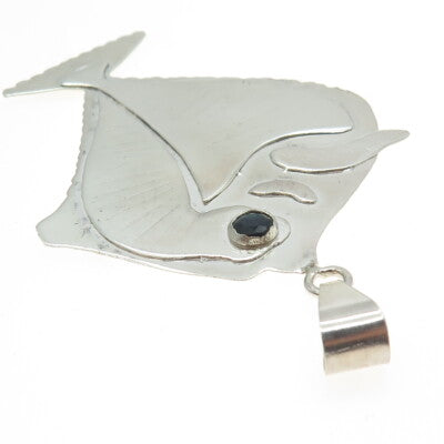 925 Sterling Silver Vintage MS 1994 Real Sapphire Modernist Fish Pendant