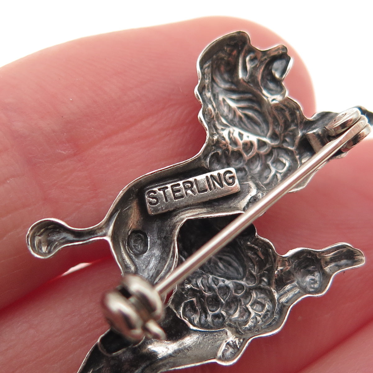 925 Sterling Antique Art Deco Poodle Dog Couple Repousse Oxidized Pin Brooch