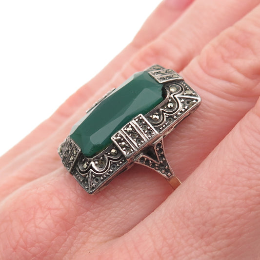 925 Sterling Antique Green Onyx & Marcasite Ring Size 7.75 (missing 25 stones)
