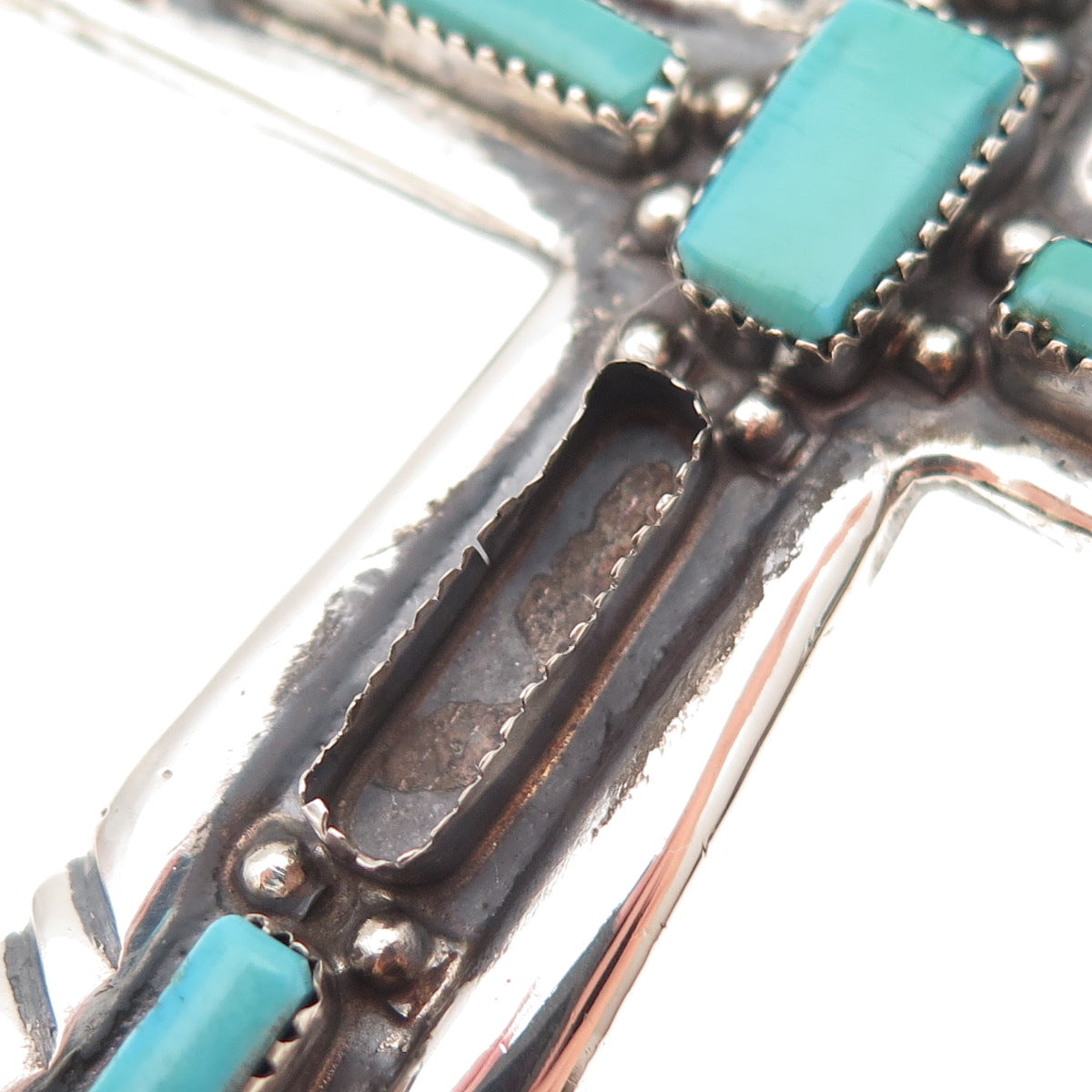Lupe Iule Zuni Old Pawn Sterling Turquoise Cross 80.2g Pendant (missing stone)