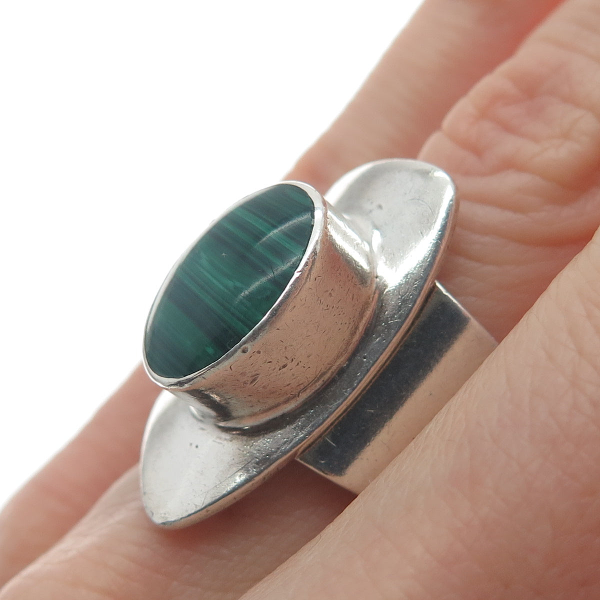 925 Sterling Silver Vintage Real Malachite Gem Modernist Statement Ring Size 6.5
