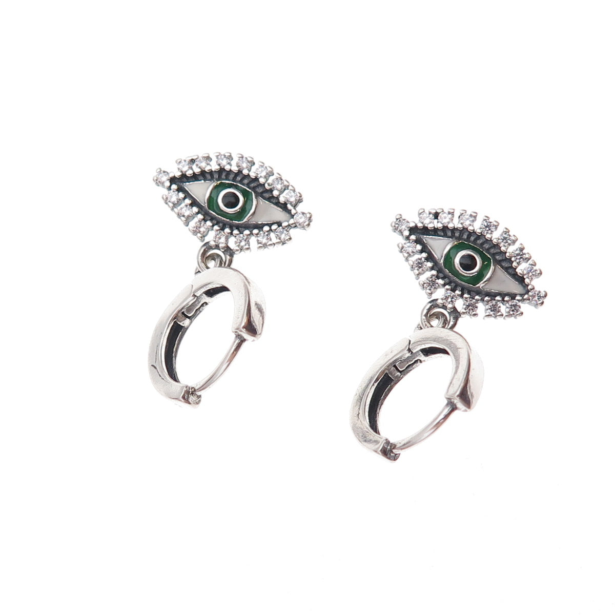 925 Sterling Silver Enamel & C Z Evil Eye Dangle Charm Hoop Earrings