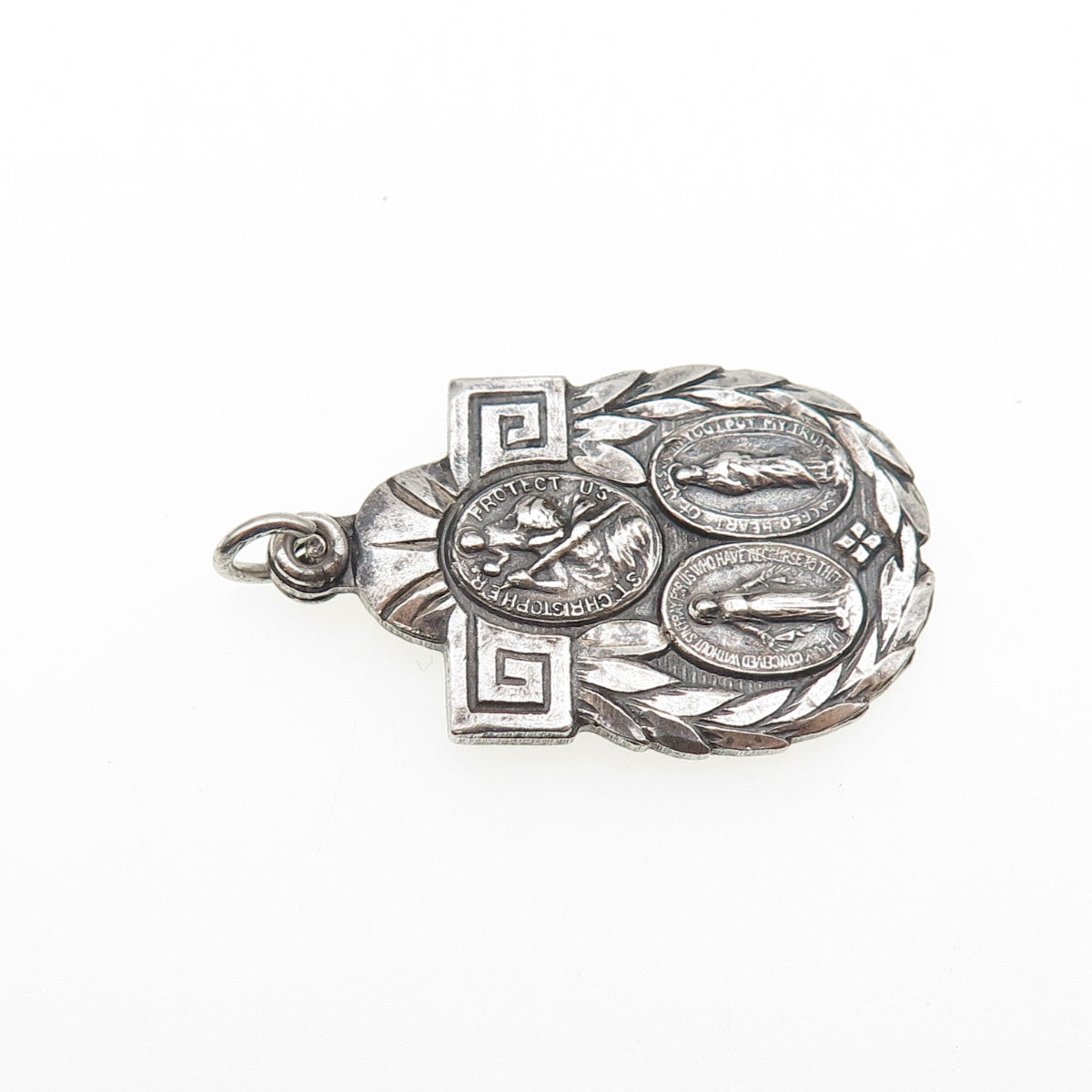 925 Sterling Silver Antique Art Deco Catholic Religious Medal Oxidized Pendant