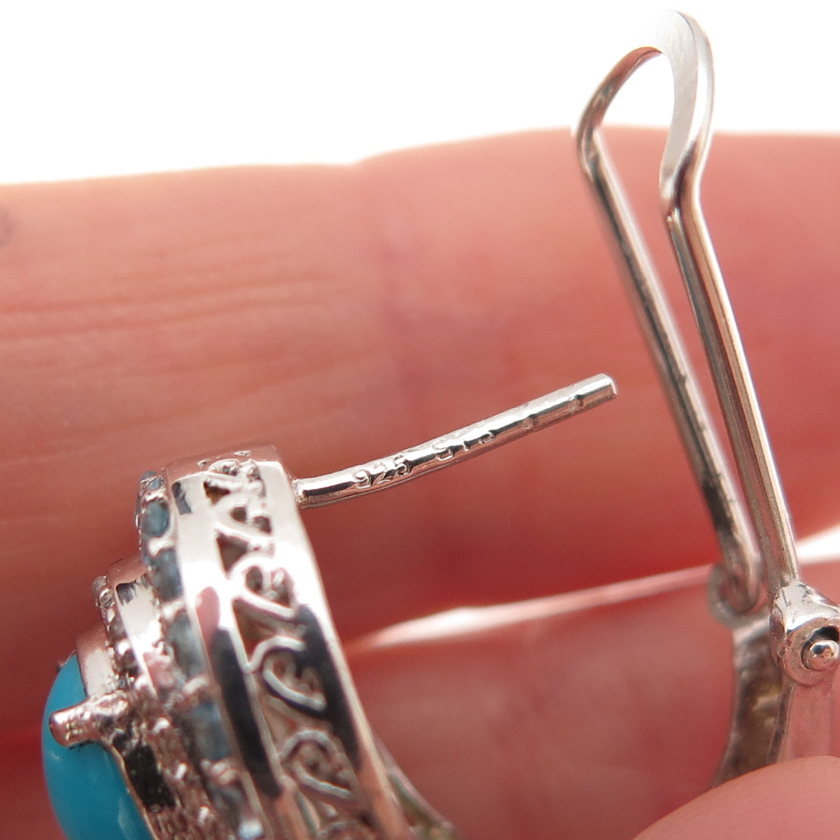Chuck Clemency Sterling Real Turquoise Blue & White Topaz Omega Back Earrings