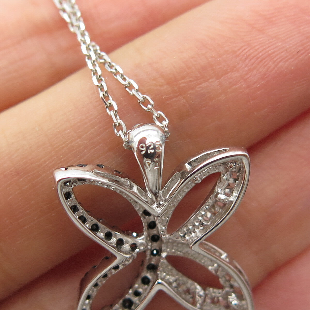 925 Sterling Silver Italy Black & White C Z Butterfly Rolo Chain Necklace 20"
