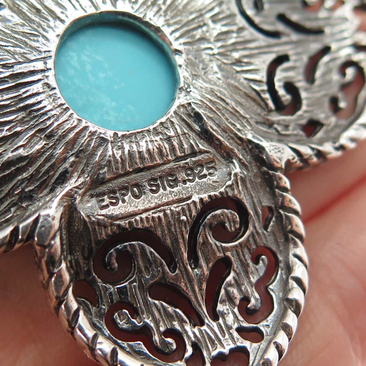 ESPO SIG Joseph Esposito Sterling Vintage Turquoise Flower Magnetic Snap Pendant