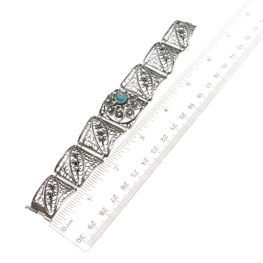 916 Silver Vintage European Real Amazonite Filigree Pannel Link Bracelet 6.5"