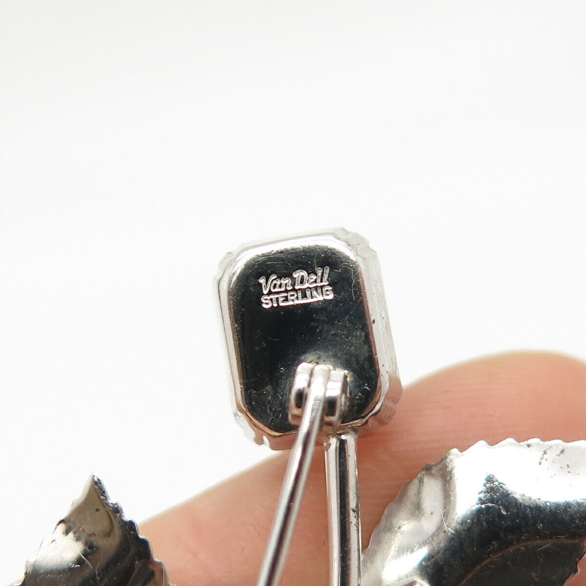 925 Sterling Silver Antique Van Dell Rhinestone Twig Leaf Pin Brooch