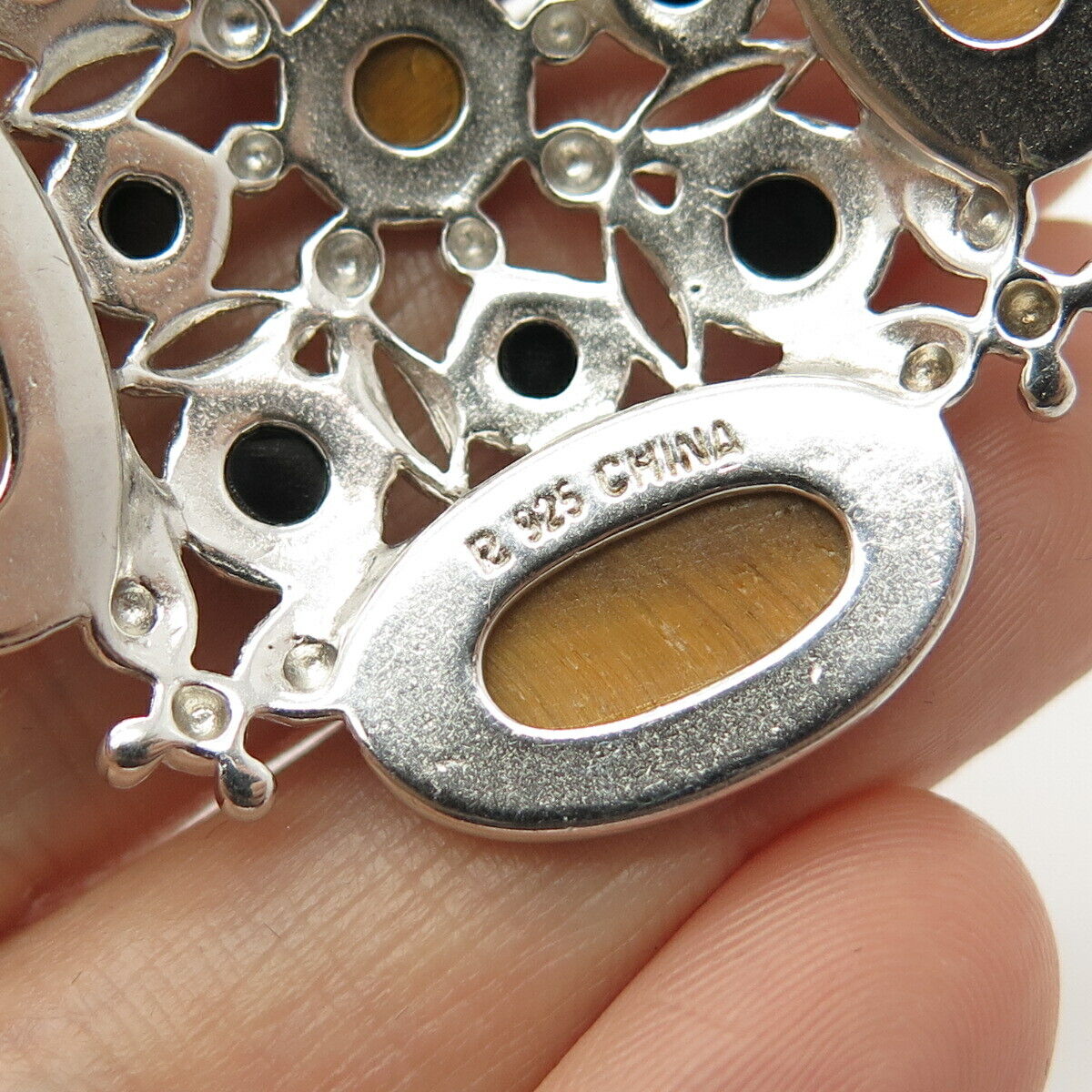 925 Sterling Silver Real Tiger Eye & Black Onyx Gem Pendant