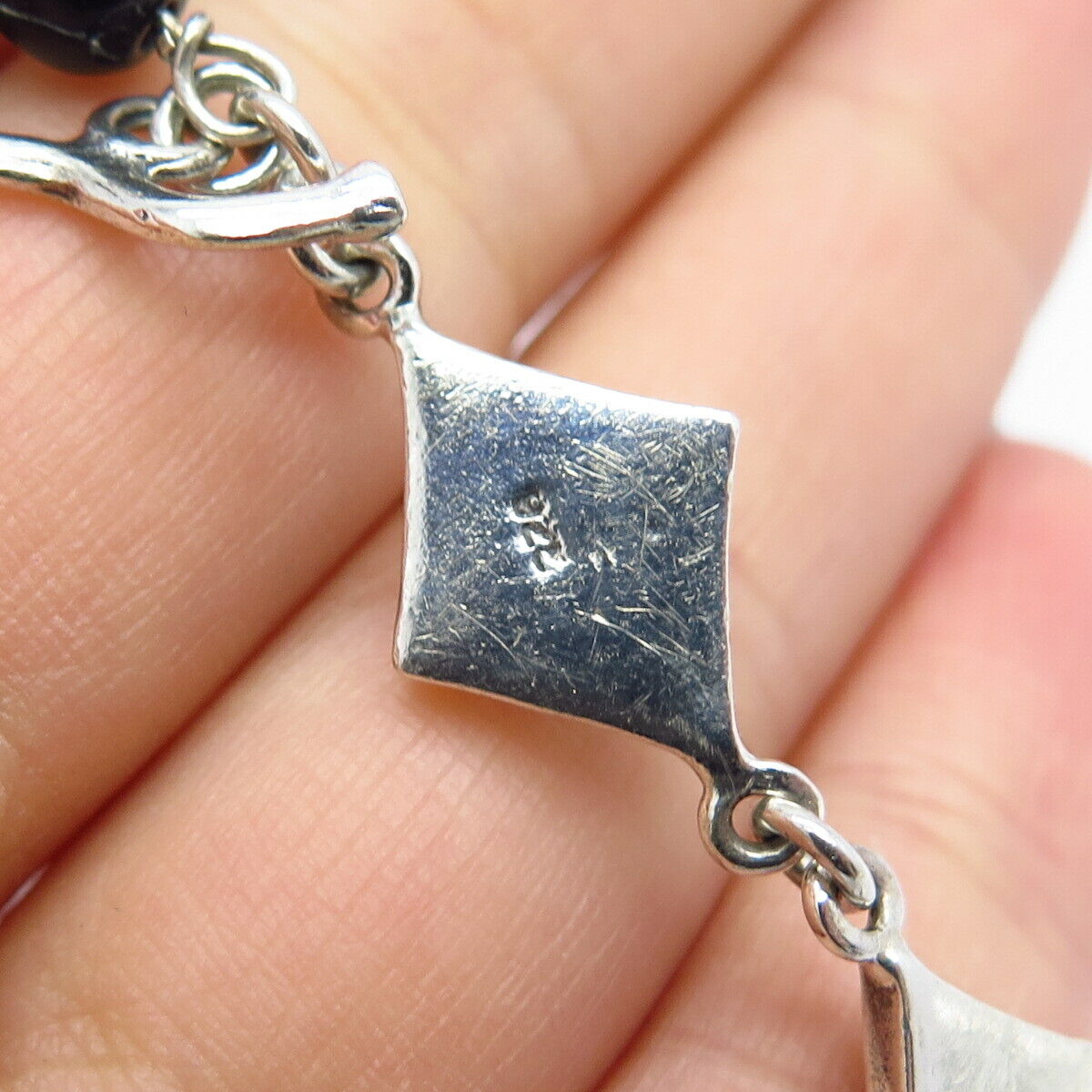 925 Sterling Silver Vintage Real Tiger Eye & Black Onyx Gem Bead Bracelet 7.25"