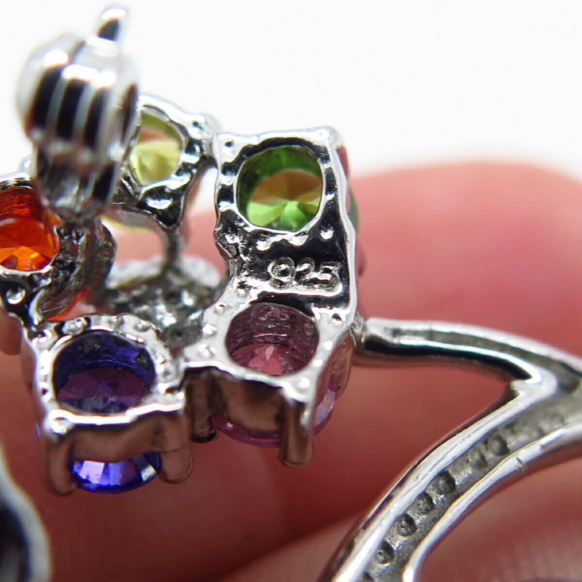 925 Sterling Silver Real Red Garnet Peridot Gem & Real Pearl C Z Floral Brooch