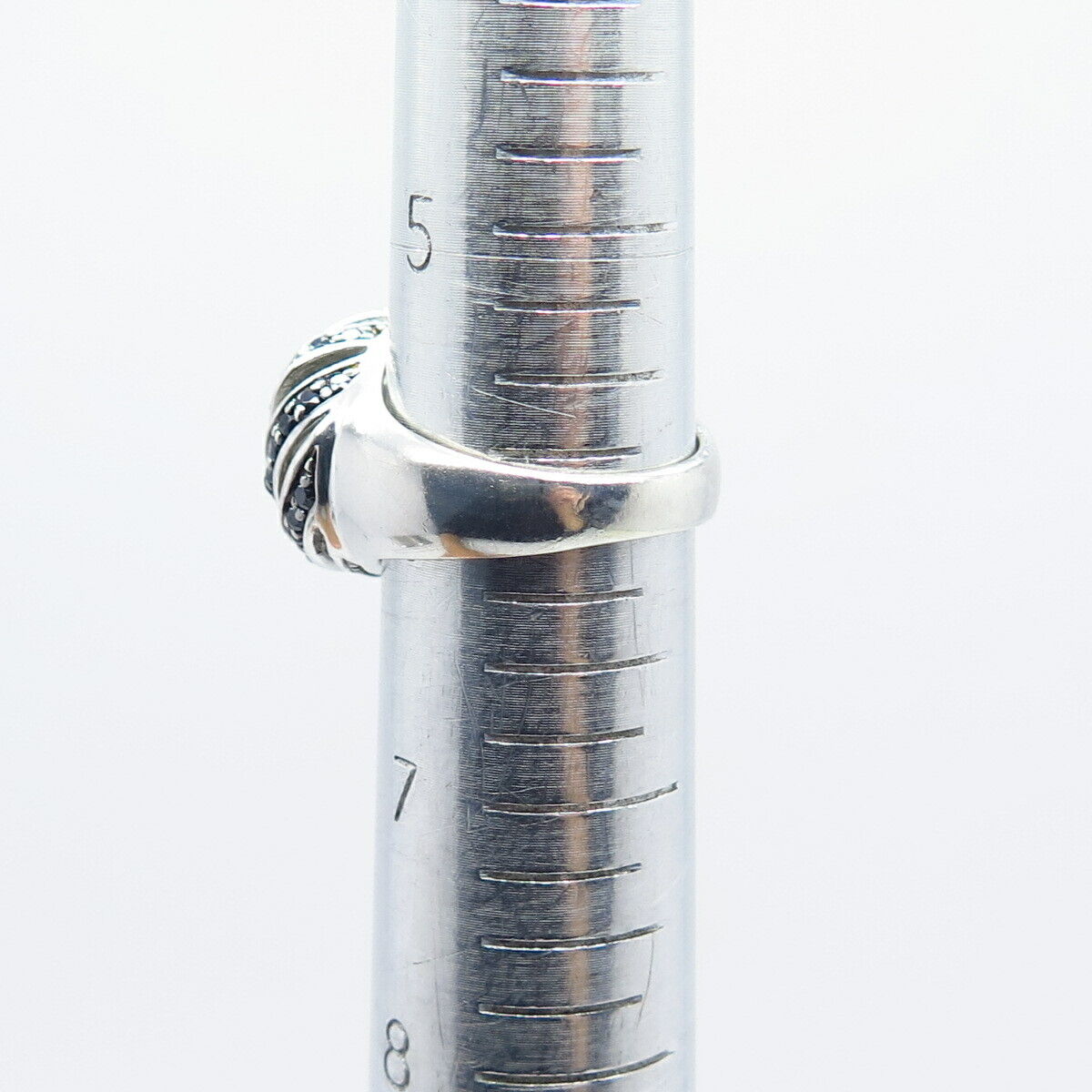 925 Sterling Silver Real Melanite Gem & C Z Swirl Domed Ring Size 6