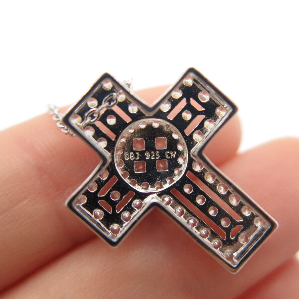 925 Sterling Silver C Z Cross Rolo Chain Necklace 18"