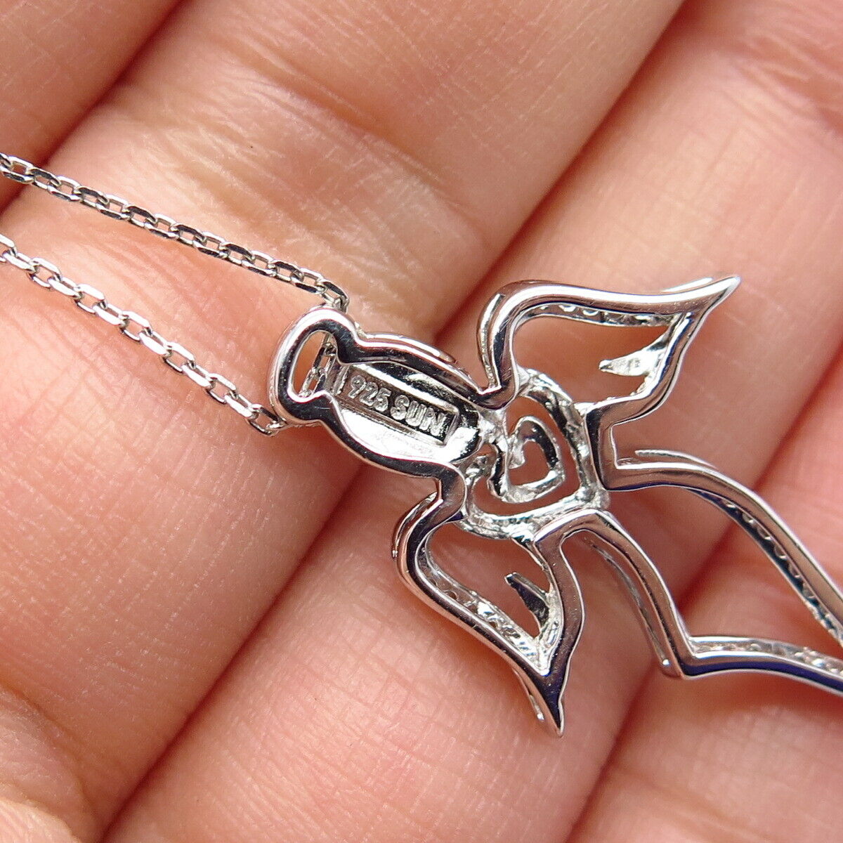 925 Sterling Silver 2-Tone Italy Sun Real Diamond Angel Rolo Chain Necklace 17"