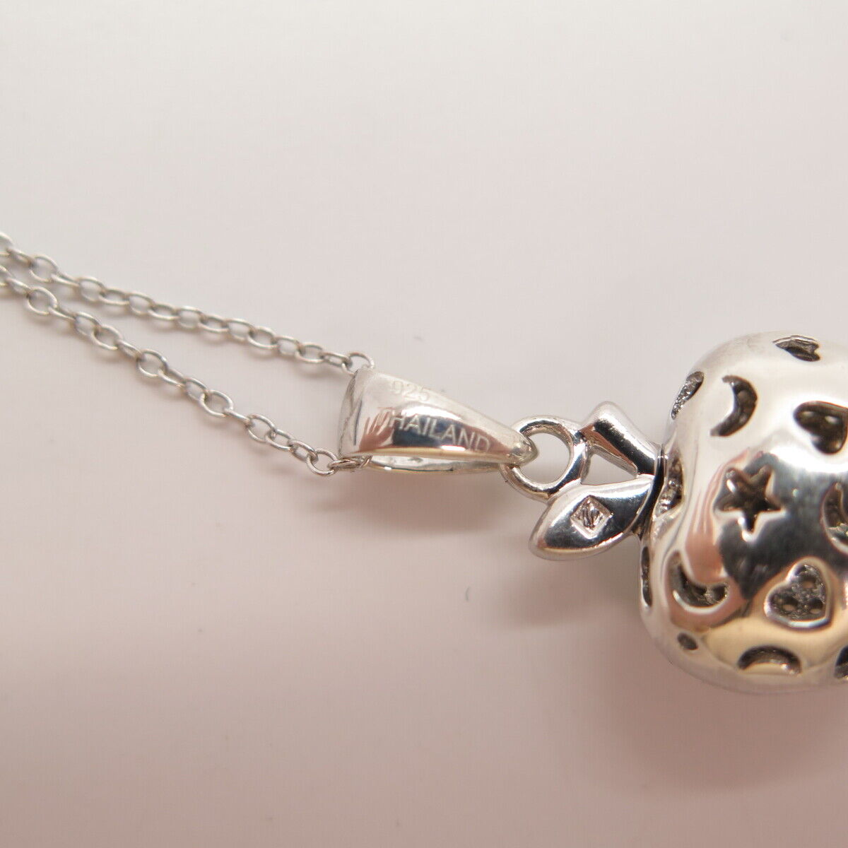 925 Sterling Silver Real Diamond Apple Pendant Rolo Chain Necklace 16"