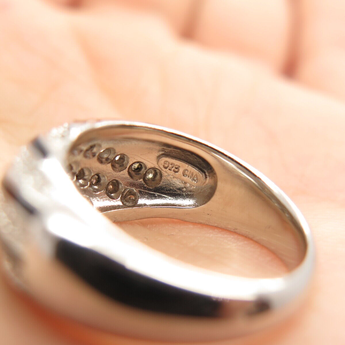 925 Sterling Silver Enamel Real White Diamond Striped Domed Ring Size 7.75"