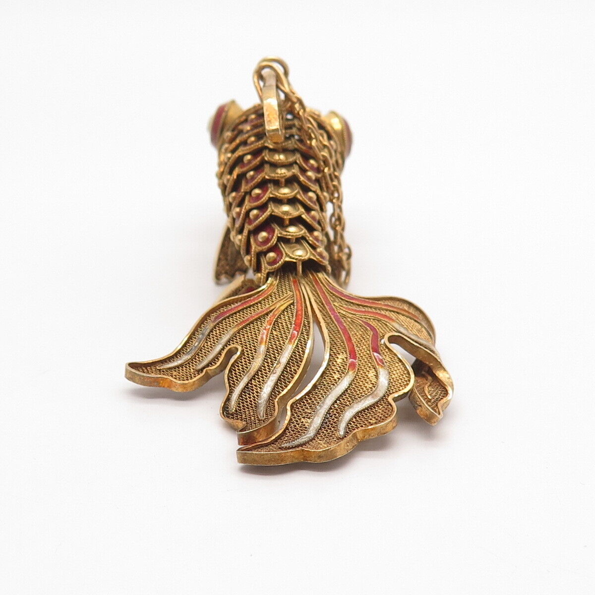 925 Sterling Silver Gold Plated Antique Enamel Chinese Koi Fish Chatelaine Fob