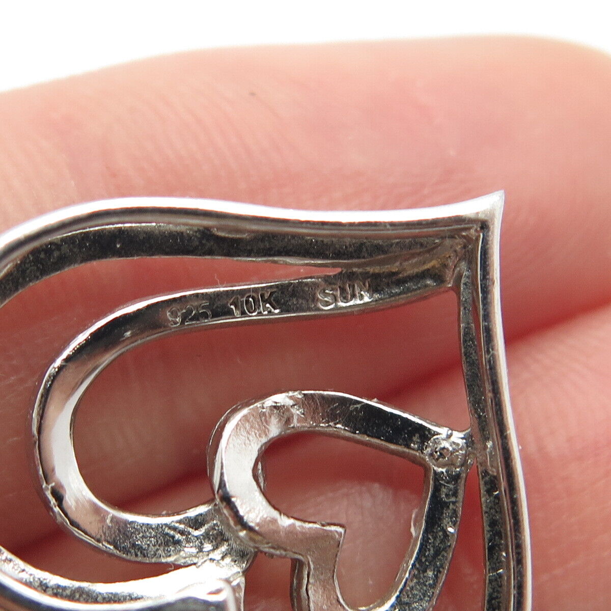 925 Sterling Silver / 10K Gold SUN Real White Diamond Triple Open Heart Pendant