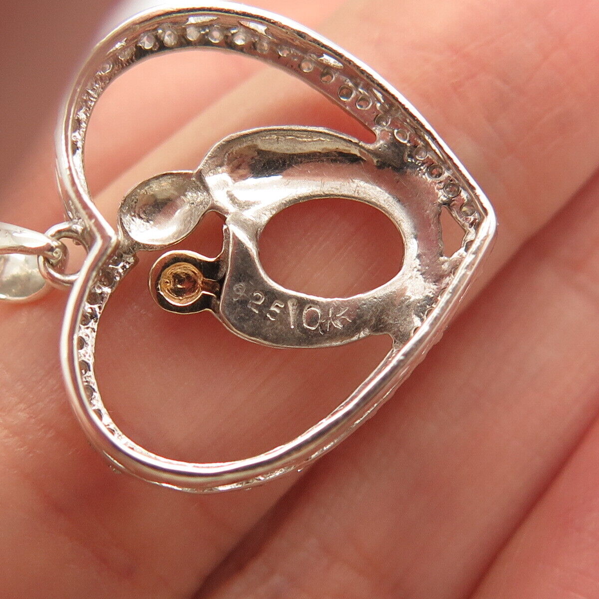 925 Sterling Silver / 10K Gold Real Diamond Mother & Baby Heart Pendant