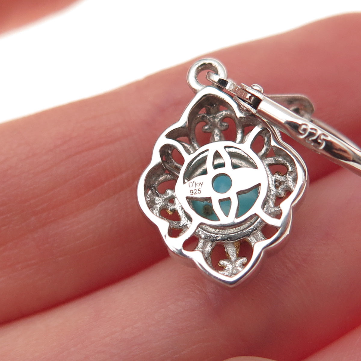 D'Joy 925 Sterling Silver 2-Tone Real Tyrone Turquoise Floral Dangle Earrings