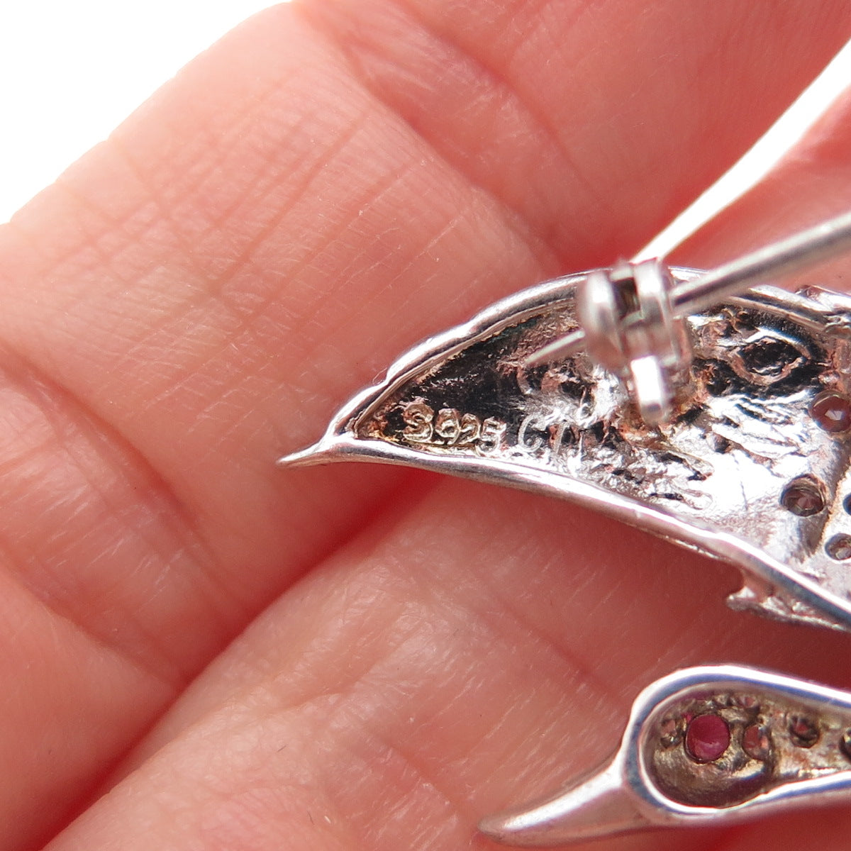 925 Sterling Silver Vintage Real Ruby & Rhinestone Swan Pin Brooch