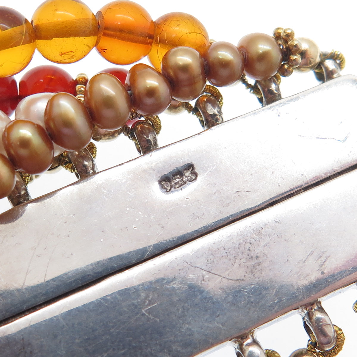 925 Sterling Vintage Jasper Pearl Citrine Carnelian Amber Beaded Bracelet 6.5"
