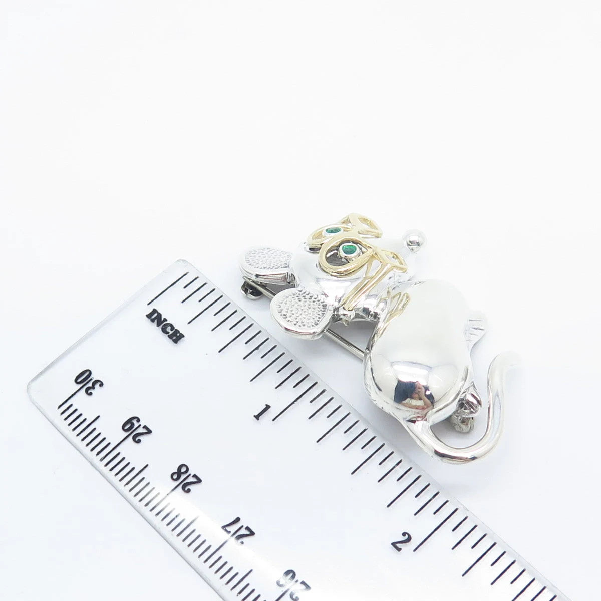 925 Sterling Silver / 14K Gold Vintage H&T Solow Emerald Gem Mouse Pin Brooch