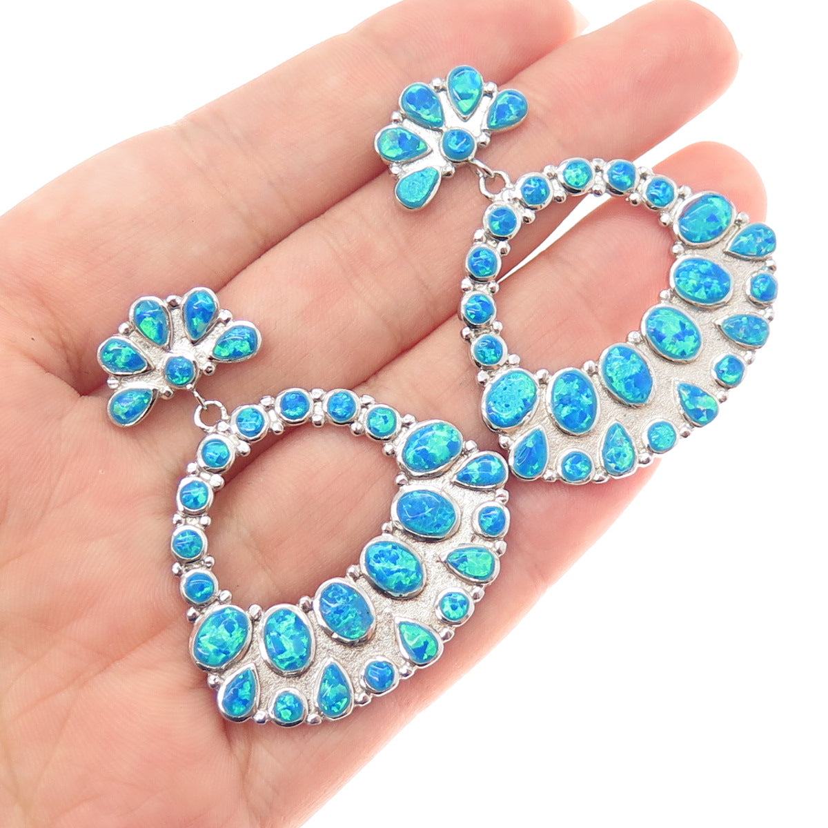 SX SALLY C 925 Sterling Silver Vintage Real Opal Modernist Dangle Earrings