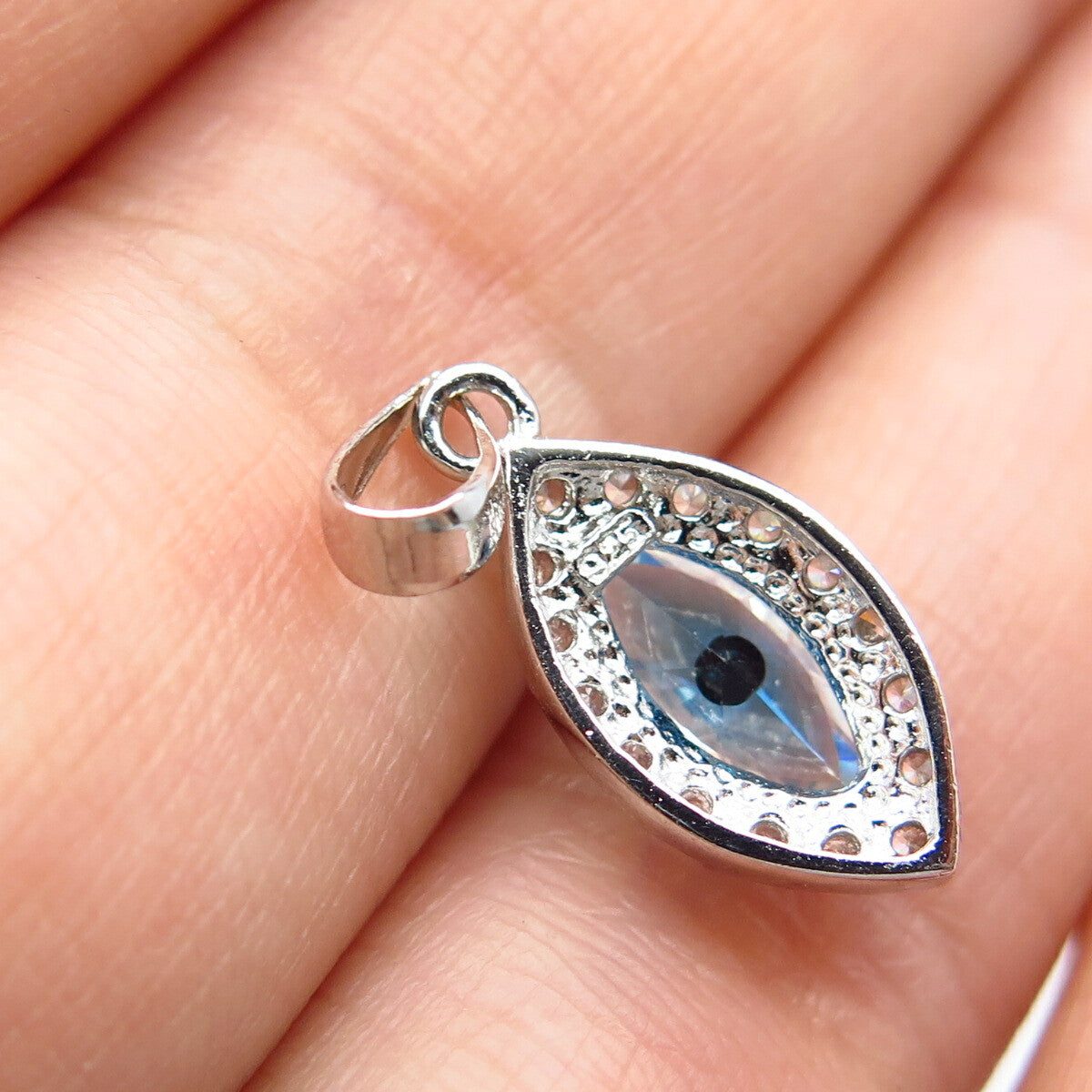 925 Sterling Silver Blue Glass & C Z Pendant