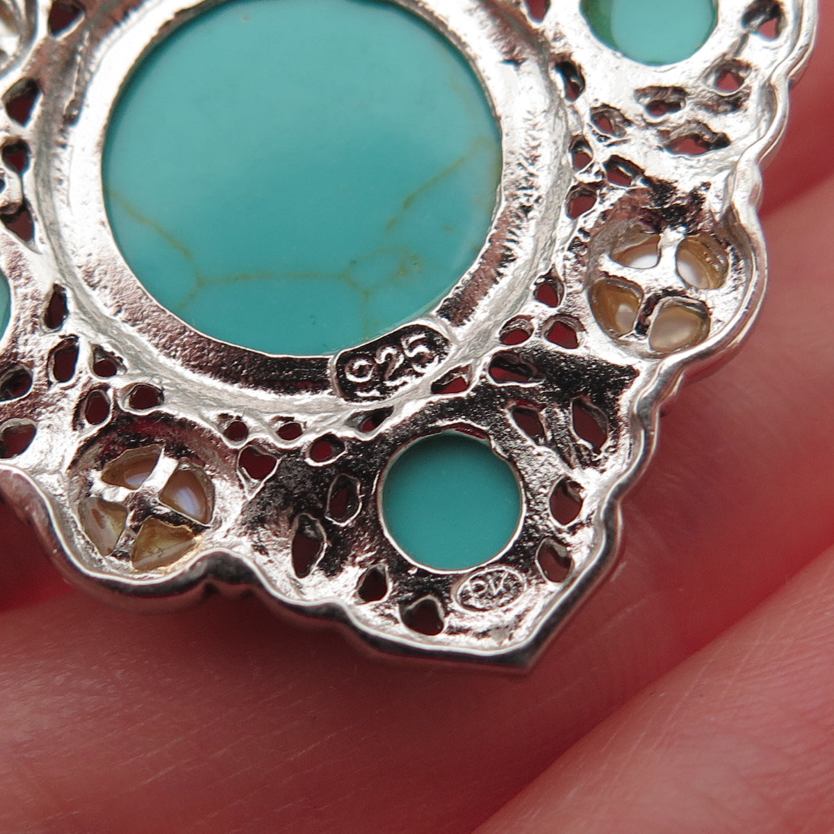 925 Sterling Silver 2-Tone Vintage Real Tyrone Turquoise & Pearl Pendant