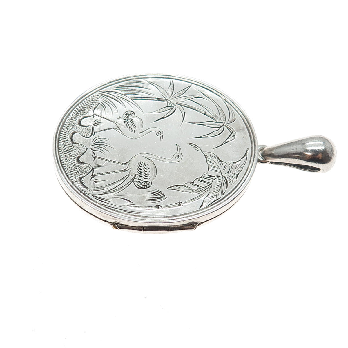 925 Sterling Silver Antique Victorian Engraved Flamingo Locket Charm Pendant