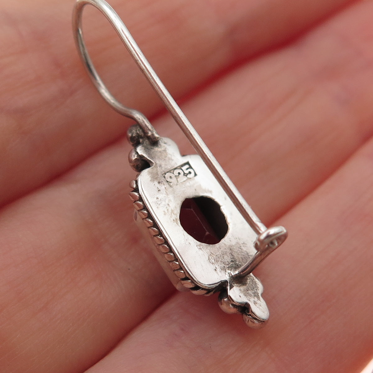 925 Sterling Silver Vintage Real Emerald-Cut Red Garnet Beaded Oxidized Earrings