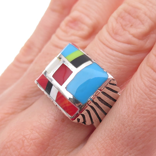 925 Sterling Silver Vintage Real Turquoise Coral Black Onyx MOP Ring Size 7.75