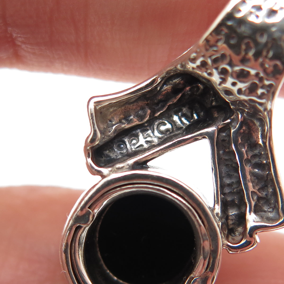 MORNING SUN 925 Sterling Silver Vintage Black Onyx Ribbon Slide Charm Pendant
