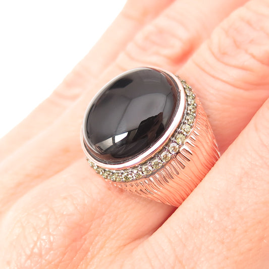 Arzy 925 Sterling Silver Rose Gold Plated Real Black Onyx & C Z Ring Size 7