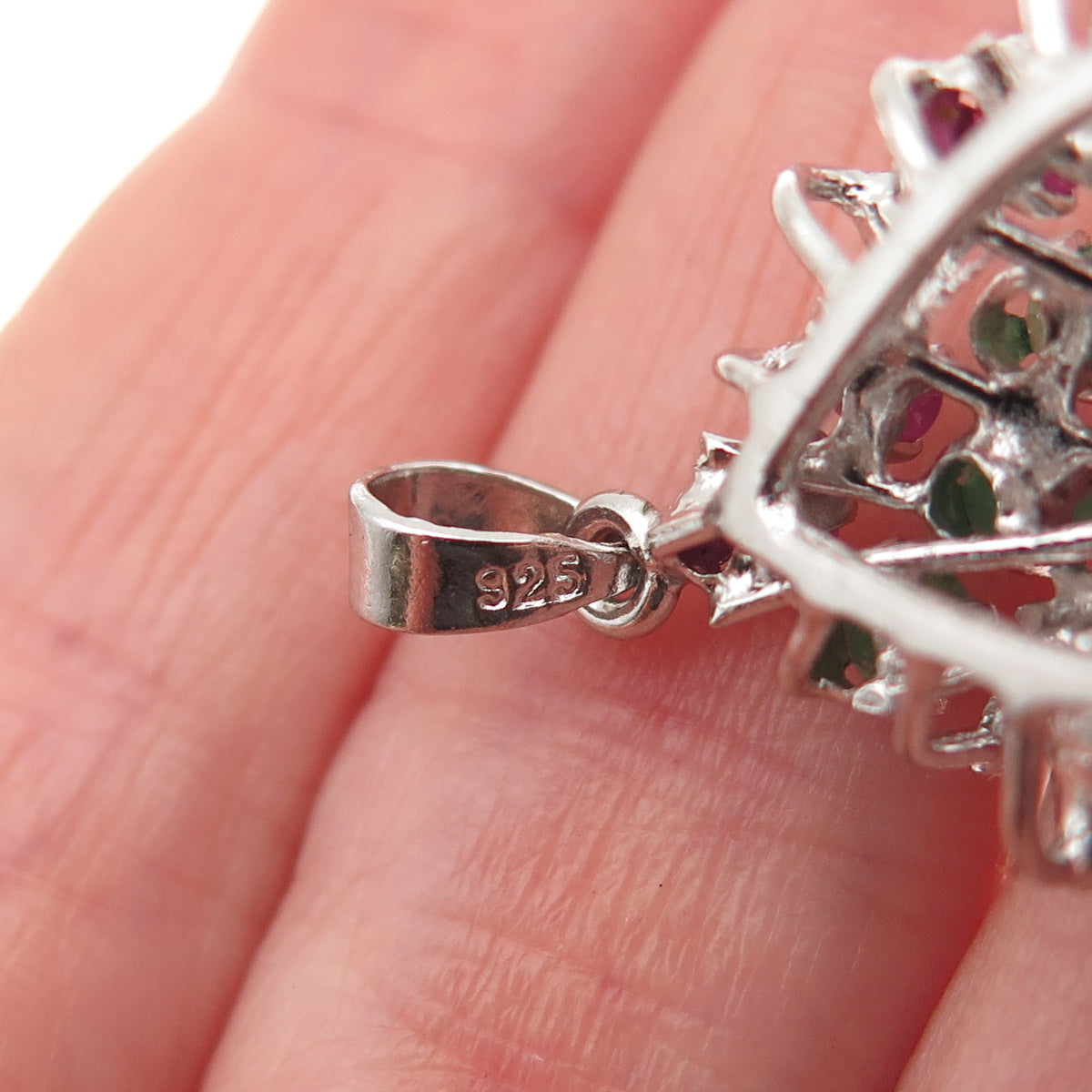 925 Sterling Silver Vintage Real Ruby Emerald & Sapphire Floral Charm Pendant