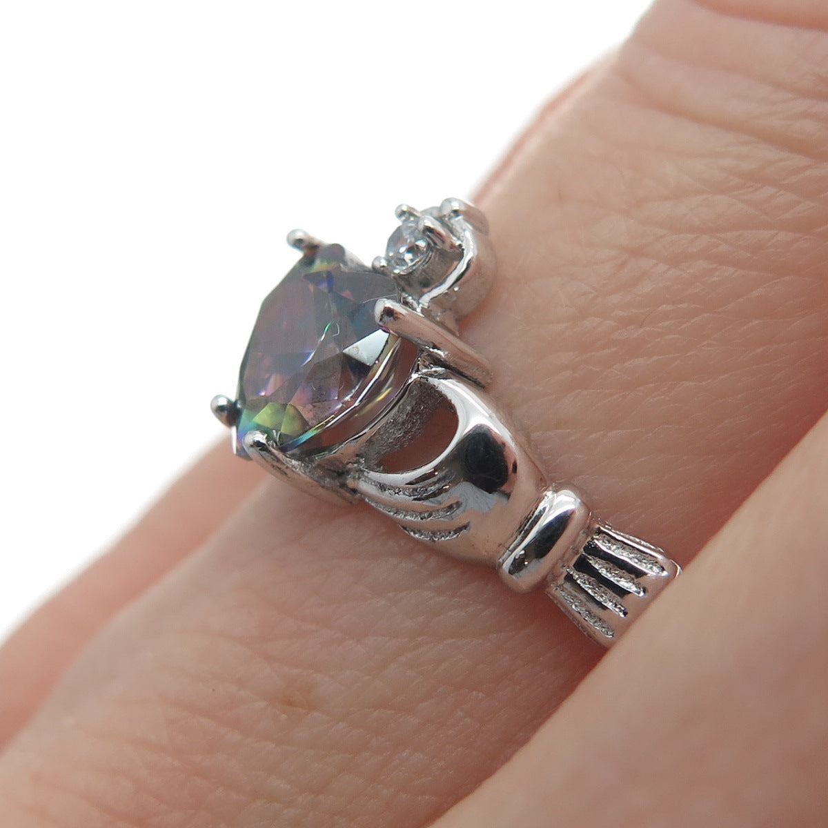 925 Sterling Silver Heart-Cut Mystic Quartz & C Z Irish Claddagh Ring Size 7.5