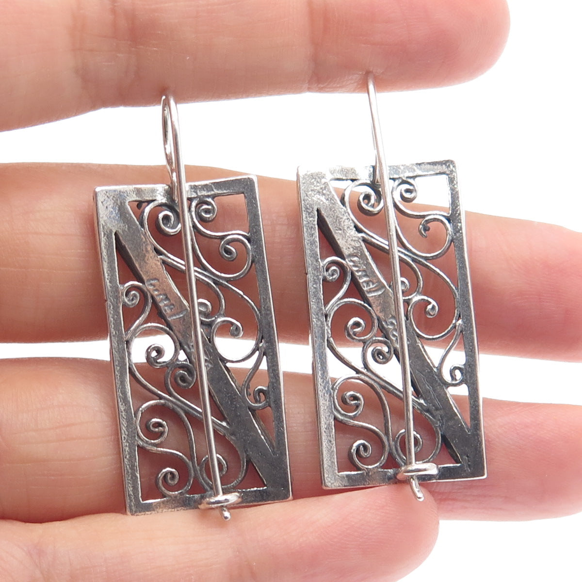 925 Sterling Silver 2-Tone Vintage Modernist Hammered Ornate Earrings