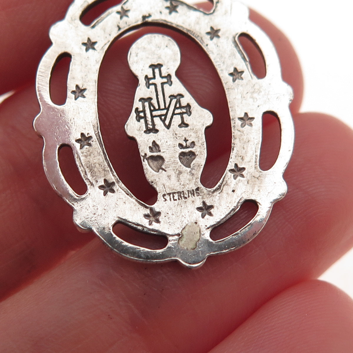 925 Sterling Silver Antique Art Deco St. Mary Miraculous Oxidized Charm Pendant
