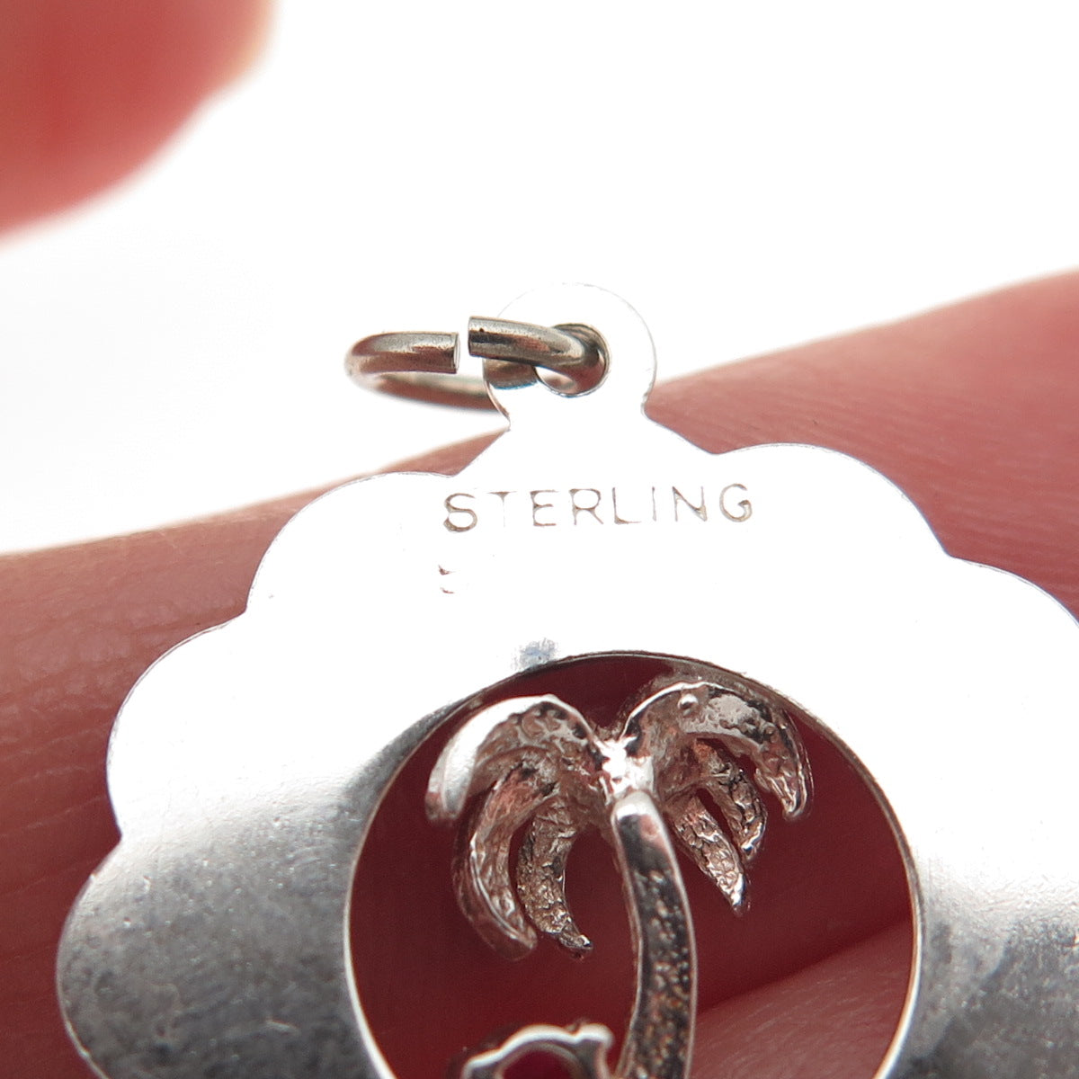 925 Sterling Silver Vintage Pink Rhinestone Bermuda Palm Tree Charm Pendant