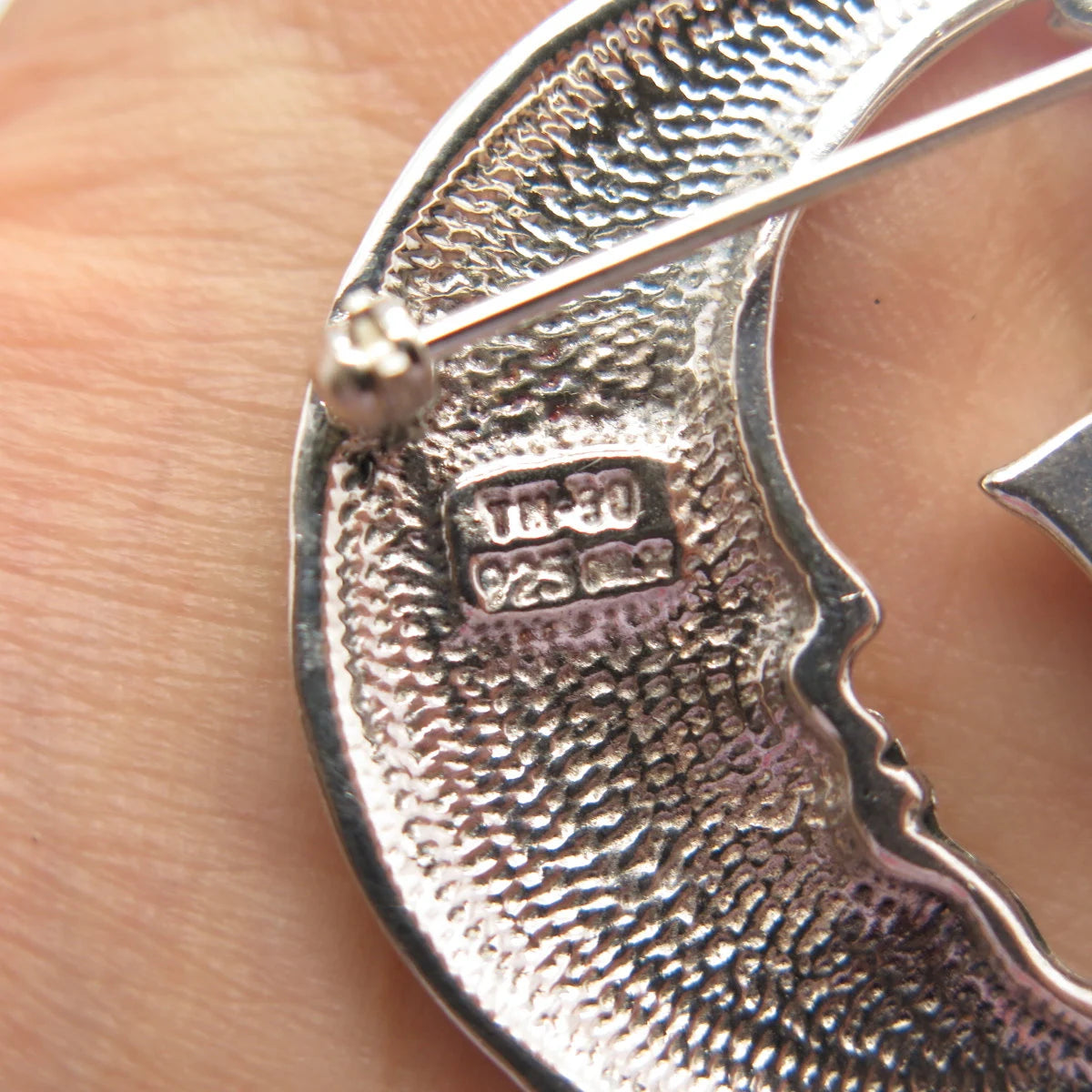 925 Sterling Silver Vintage Mexico Crescent Moon Face & Star Pin Brooch