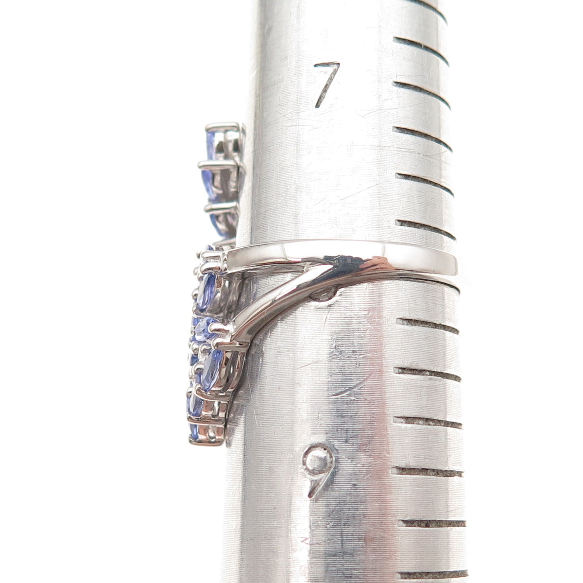 925 Sterling Silver Real Tanzanite & White Topaz Floral Adjustable Ring Size 8