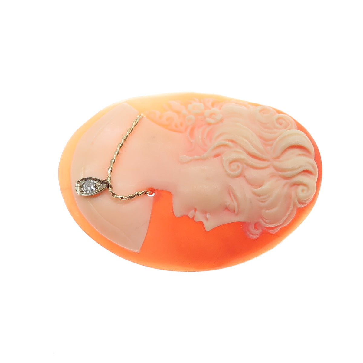 14K Gold Antique Real Round-Cut Diamond & MOP Victorian Lady Cameo