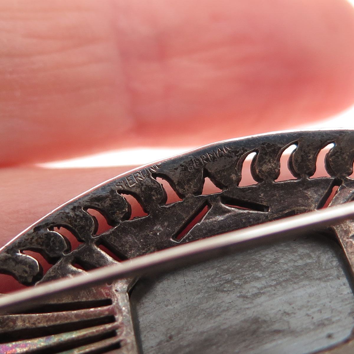 925 Sterling Silver Antique Art Deco Germany Real Hematite Marcasite Pin Brooch