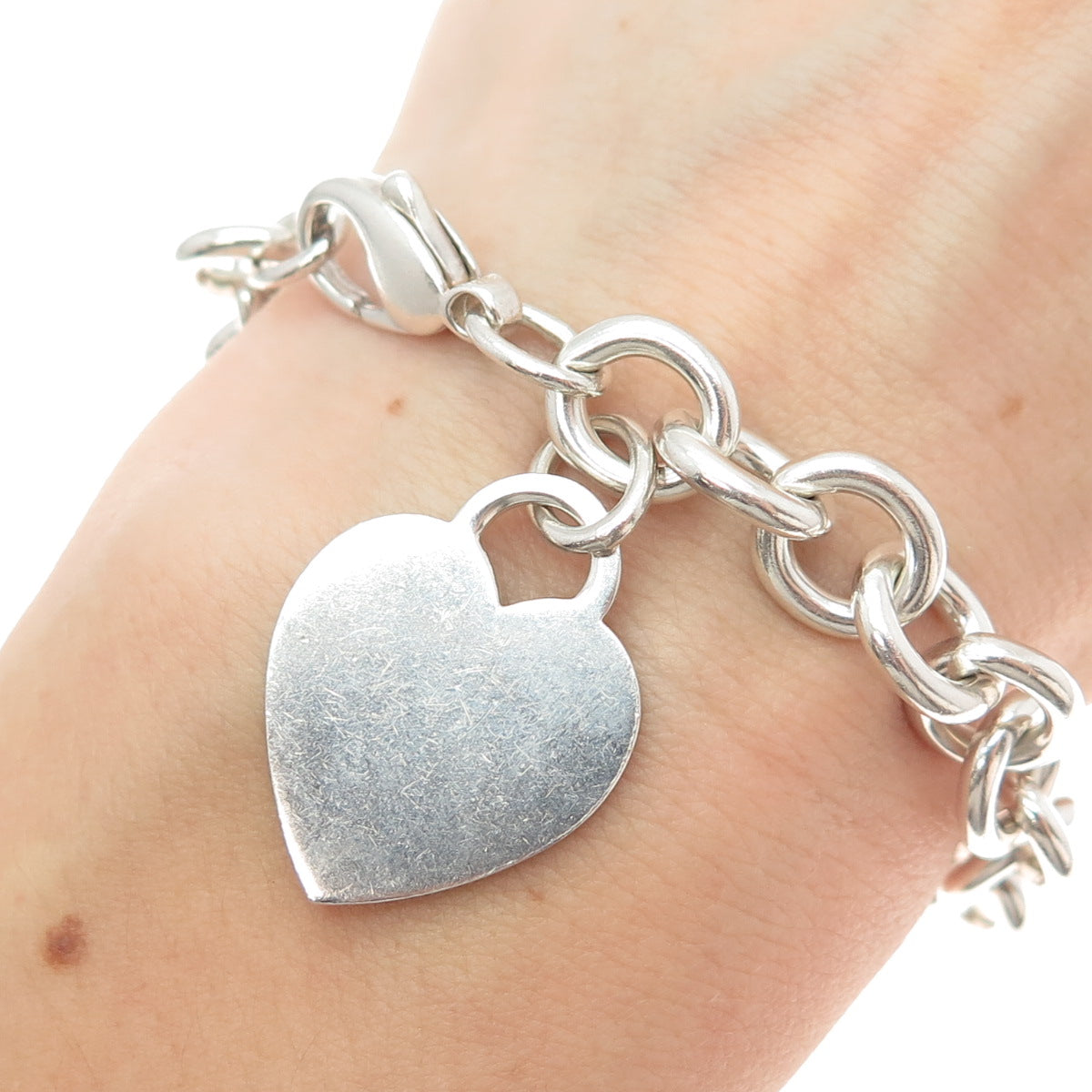 TIFFANY & CO. 925 Sterling Silver Vintage Heart Tag Rolo Link Bracelet 6.75"