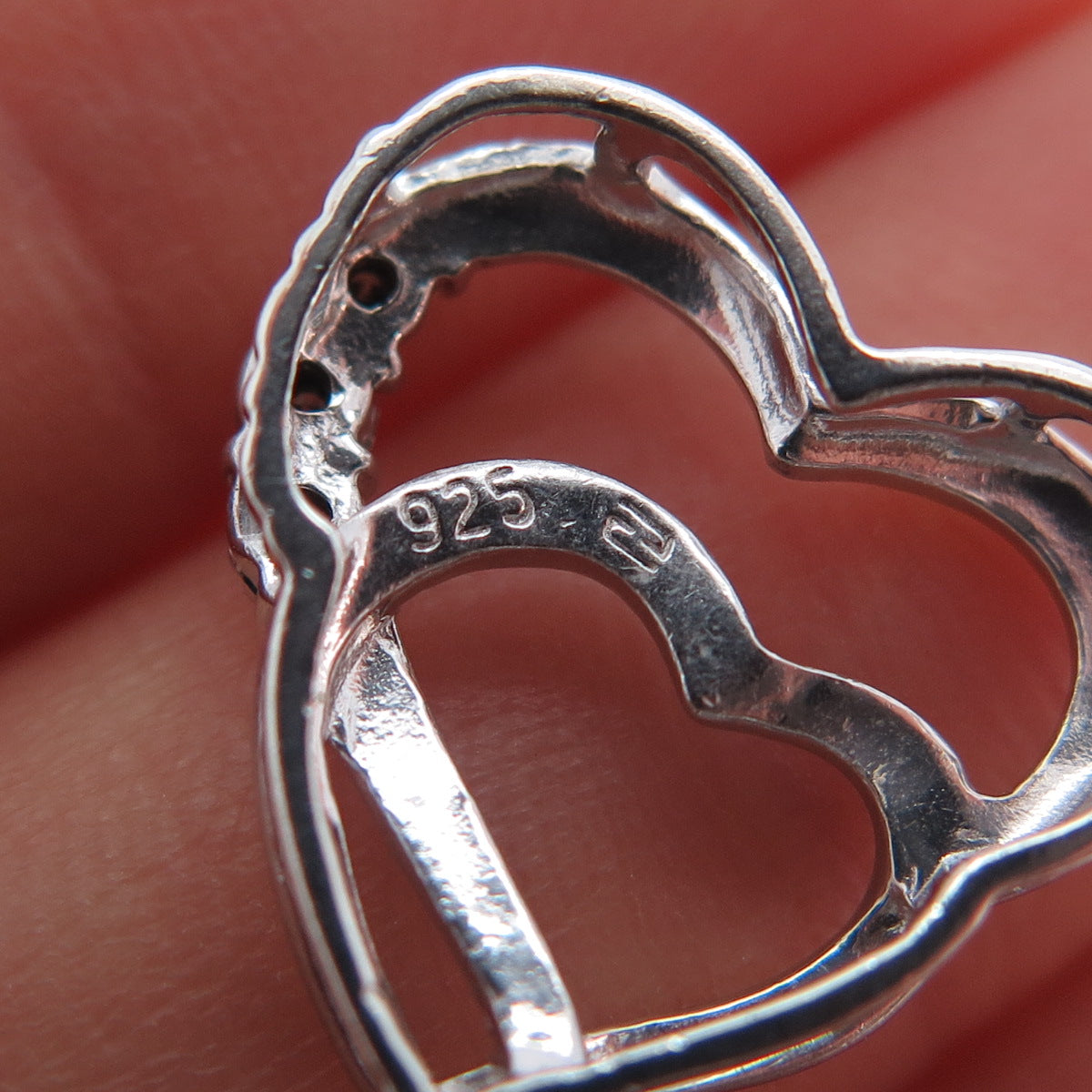 925 Sterling Silver Real Round-Cut Diamond Double Heart Mini Slide Charm Pendant