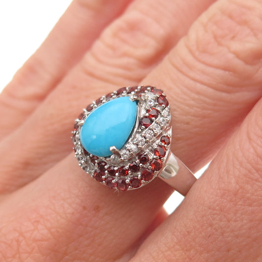 Chuck Clemency Sterling Silver Real Turquoise Garnet White Topaz Ring Size 8.25