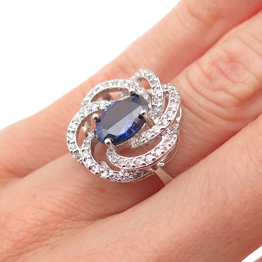 Collins 925 Sterling Silver Blue & White C Z Floral Ring Size 6
