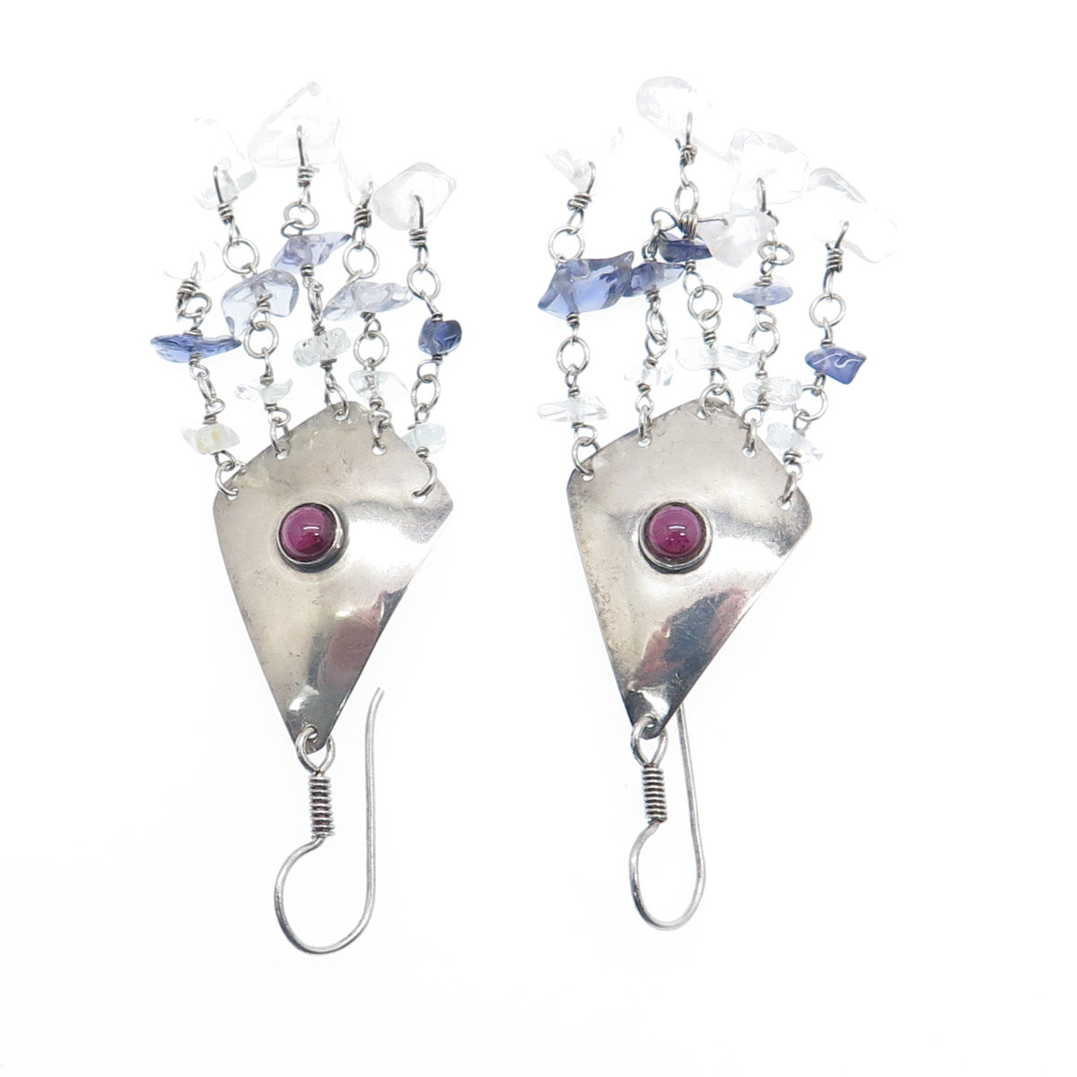 925 Sterling Silver Vintage Real Clear Quartz & Iolite Modernist Dangle Earrings